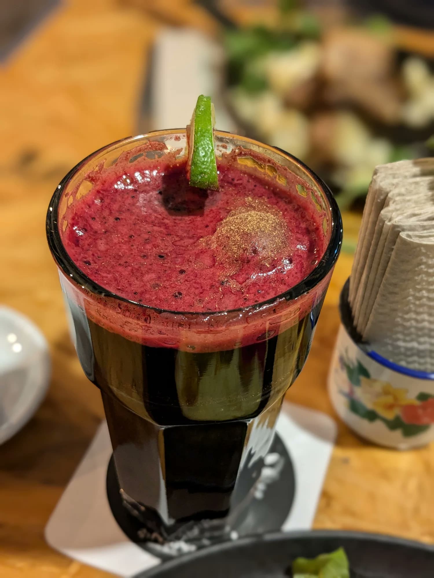 A glass of chicha morada, the purple corn drink, in Cusco.