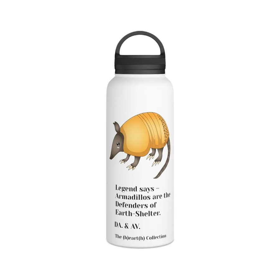 Water bottle printed with a golden armadillo.