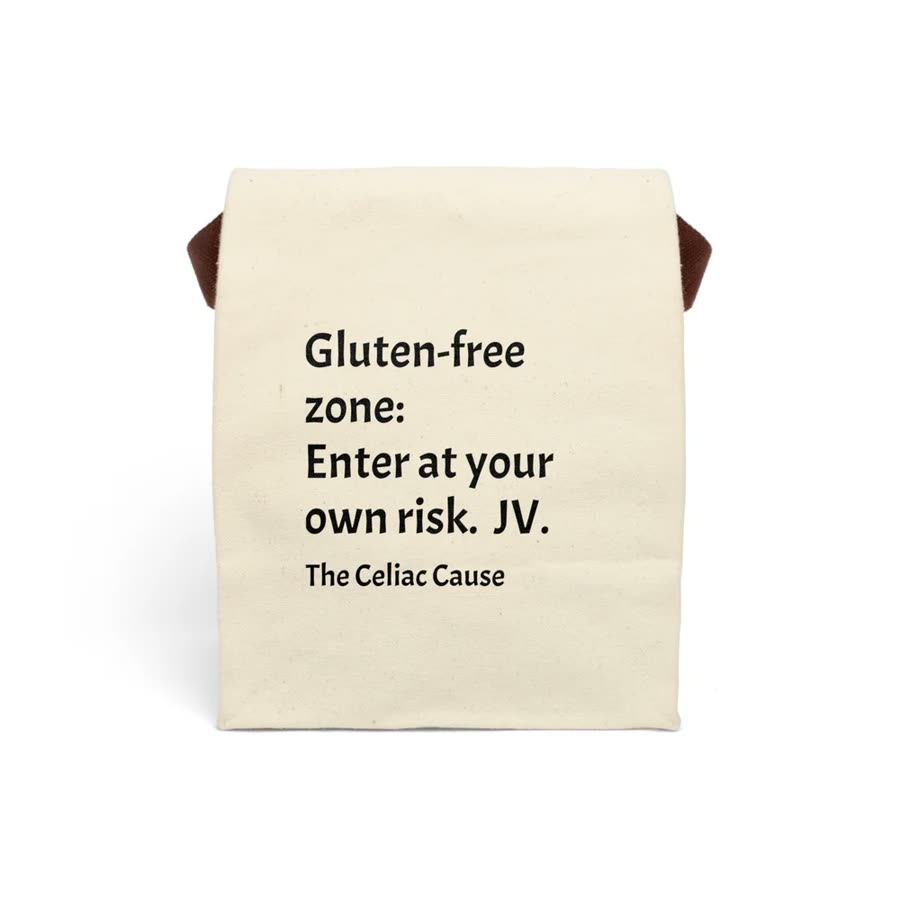 Canvas lunch bag reading Gluten-free zone: enter at your own risk.