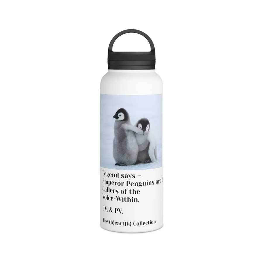 Water bottle printed with two emperor penguin chicks.