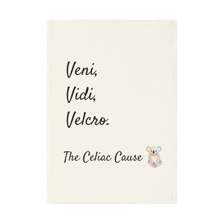Cream tea towel reading Veni, Vidi, Velcro.