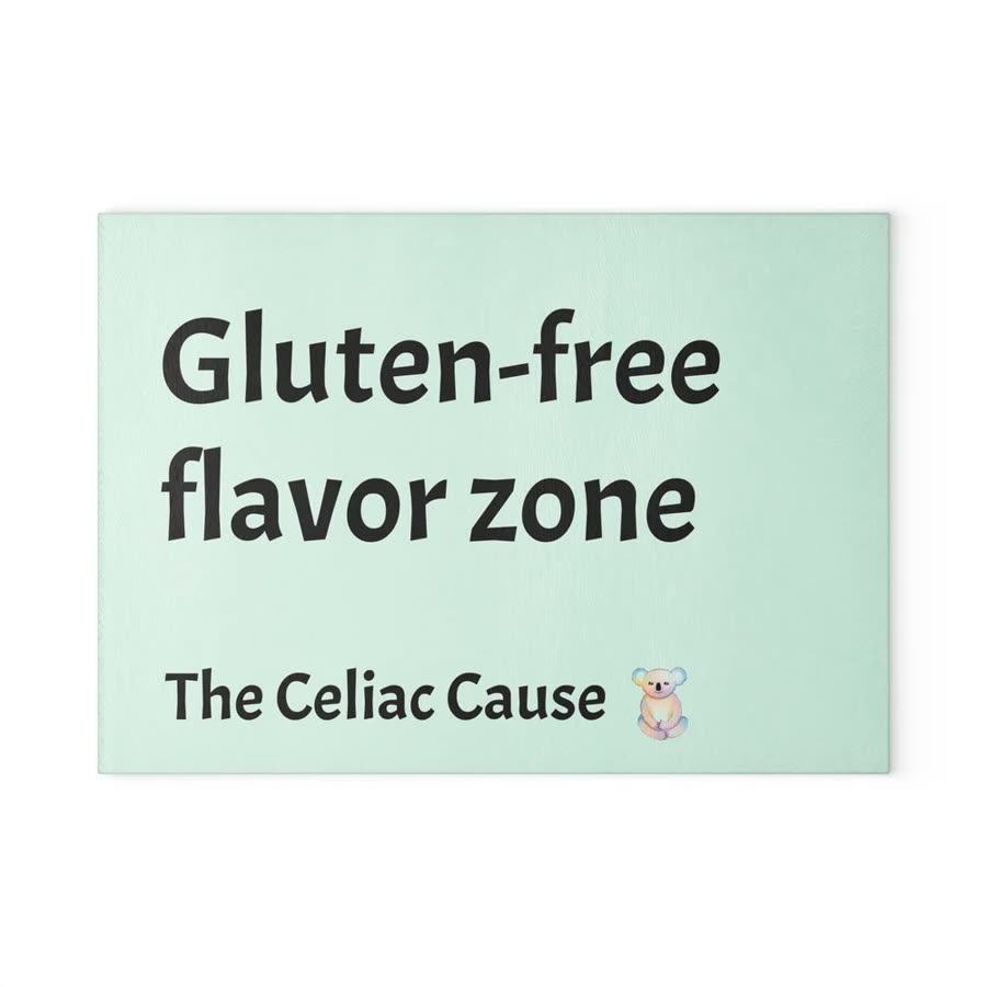 Mint glass serving board reading Gluten-free flavor zone, The Celiac Cause.