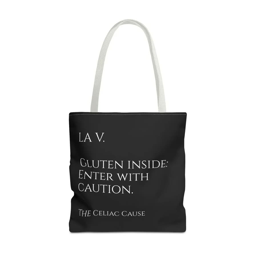 Black tote bag reading LA V. Gluten inside, enter with caution.