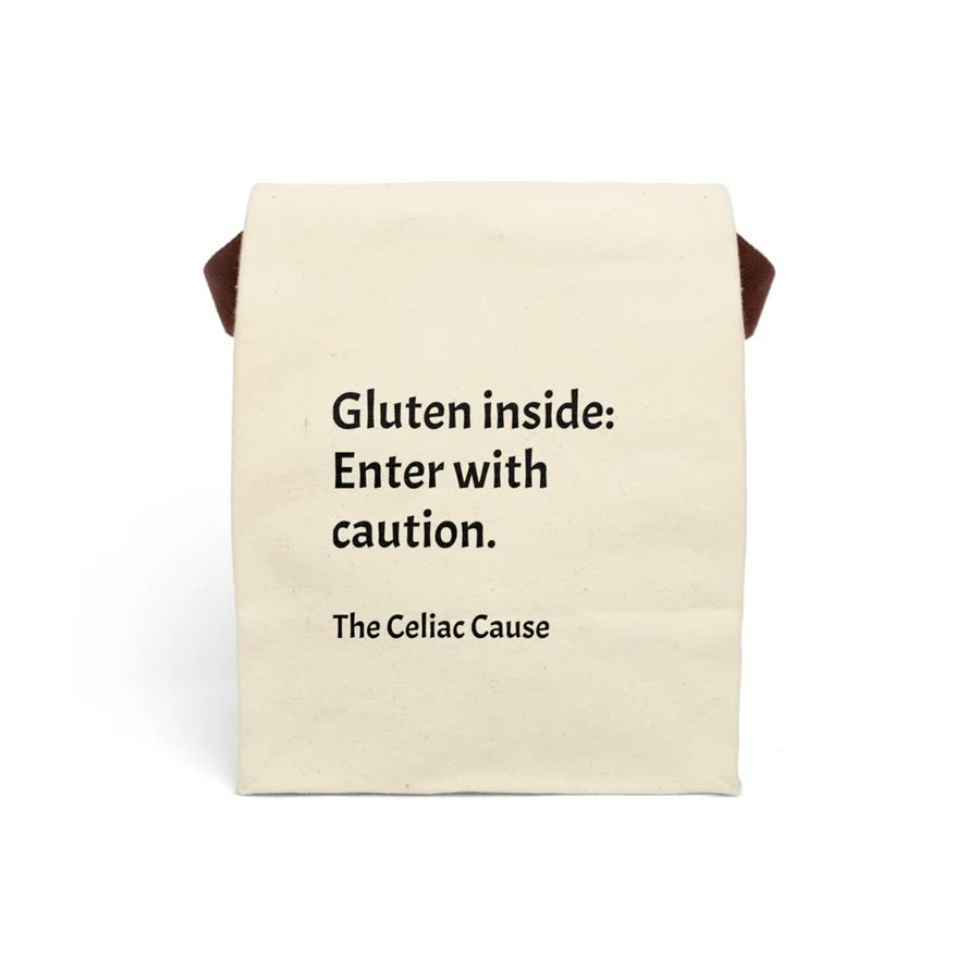 Canvas lunch bag reading Gluten inside: enter with caution.