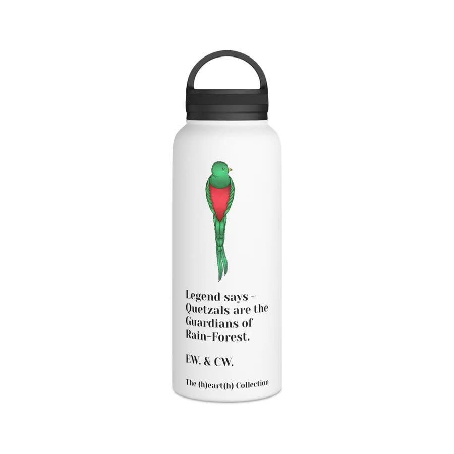 Water bottle printed with a green and red quetzal.