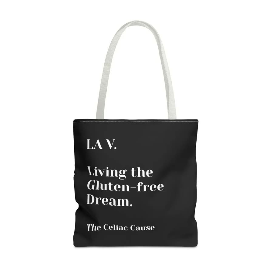 Black tote bag reading LA V. Living the gluten-free dream.