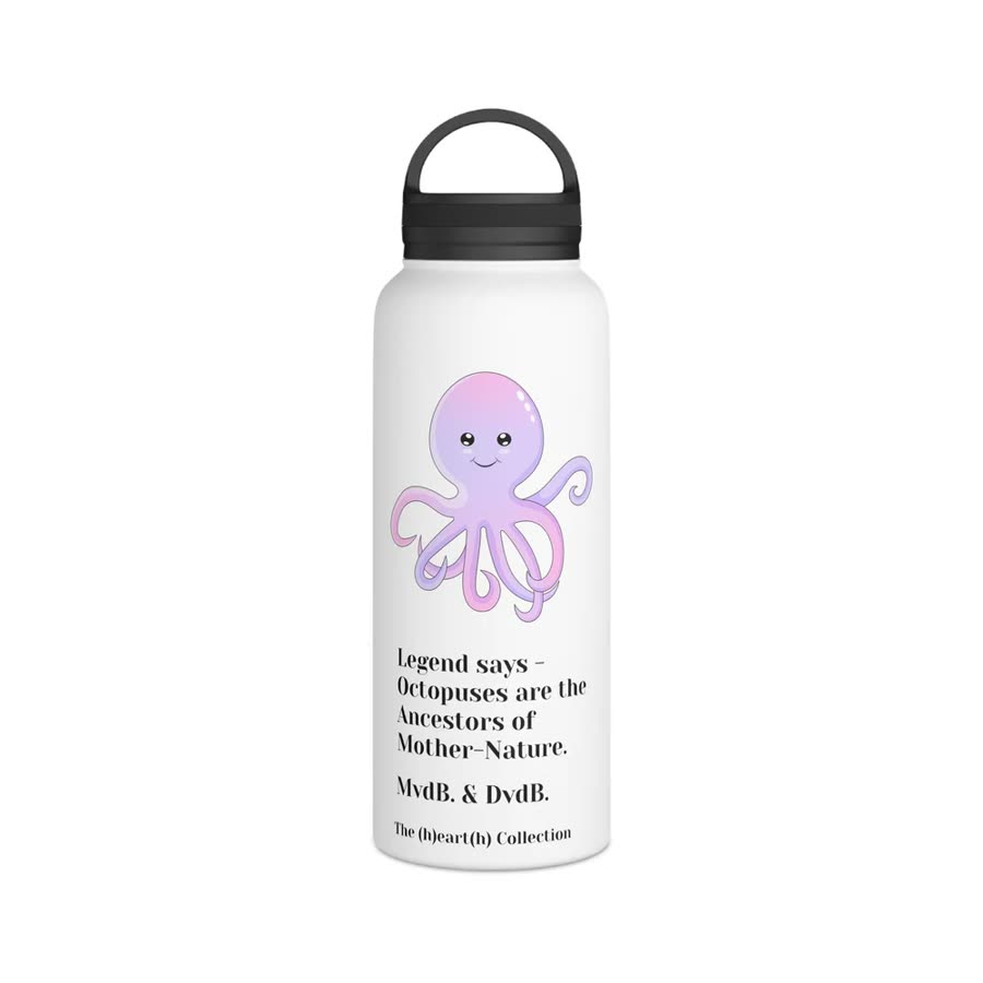 White steel water bottle printed with a smiling lilac octopus.