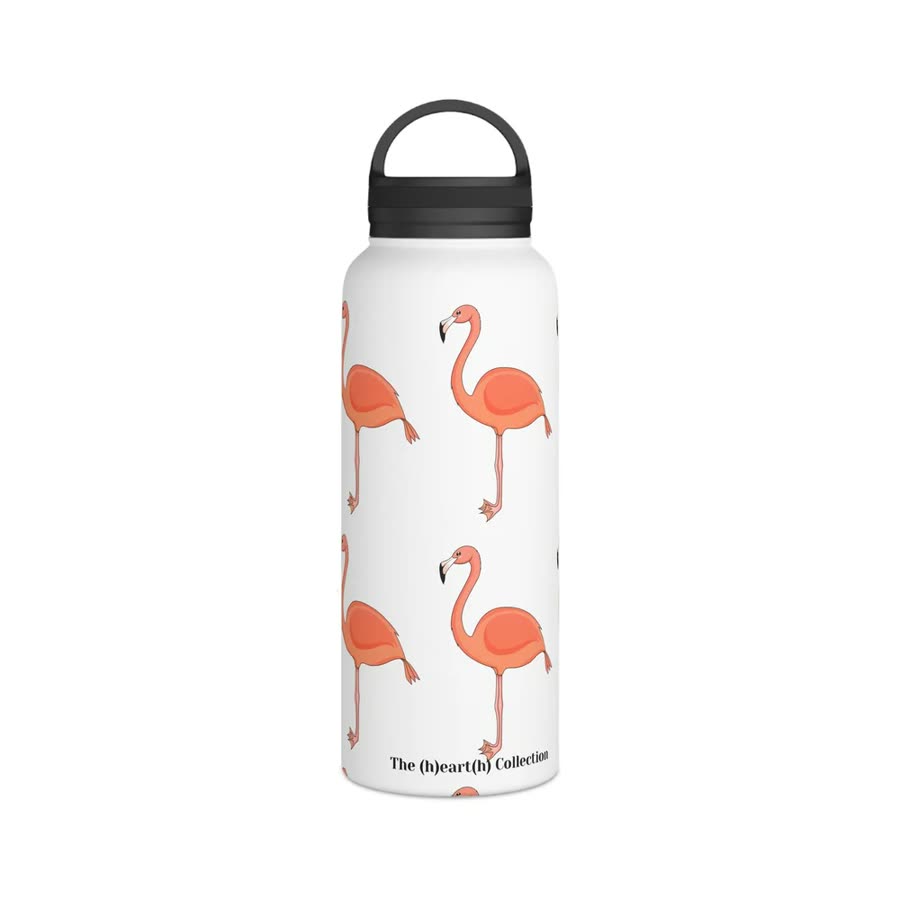 Water bottle printed all over with pink flamingos.