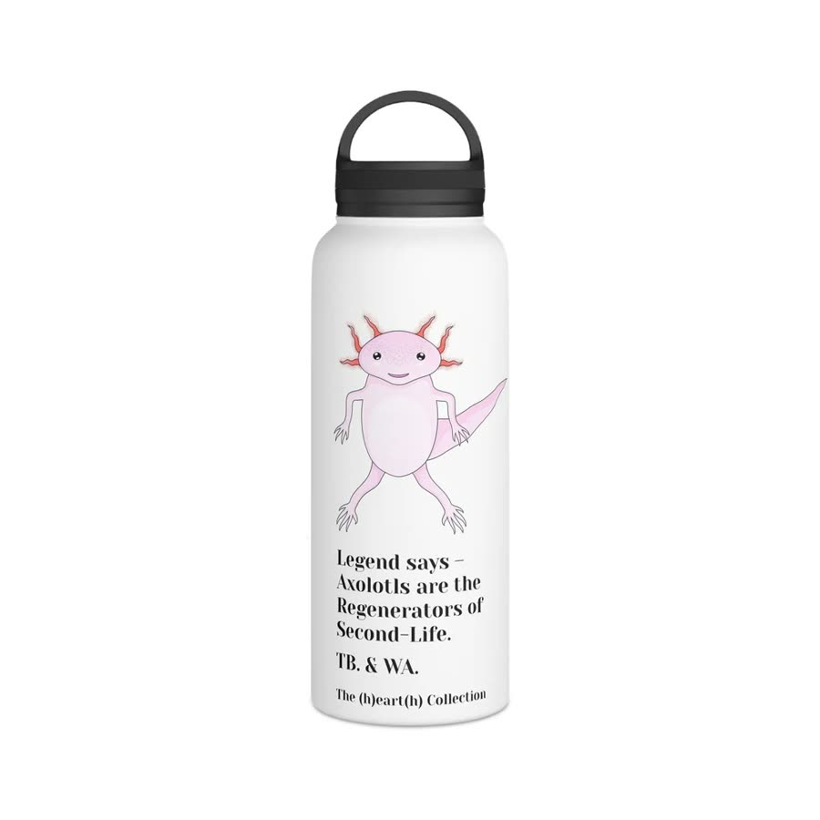 Water bottle printed with a pink axolotl.