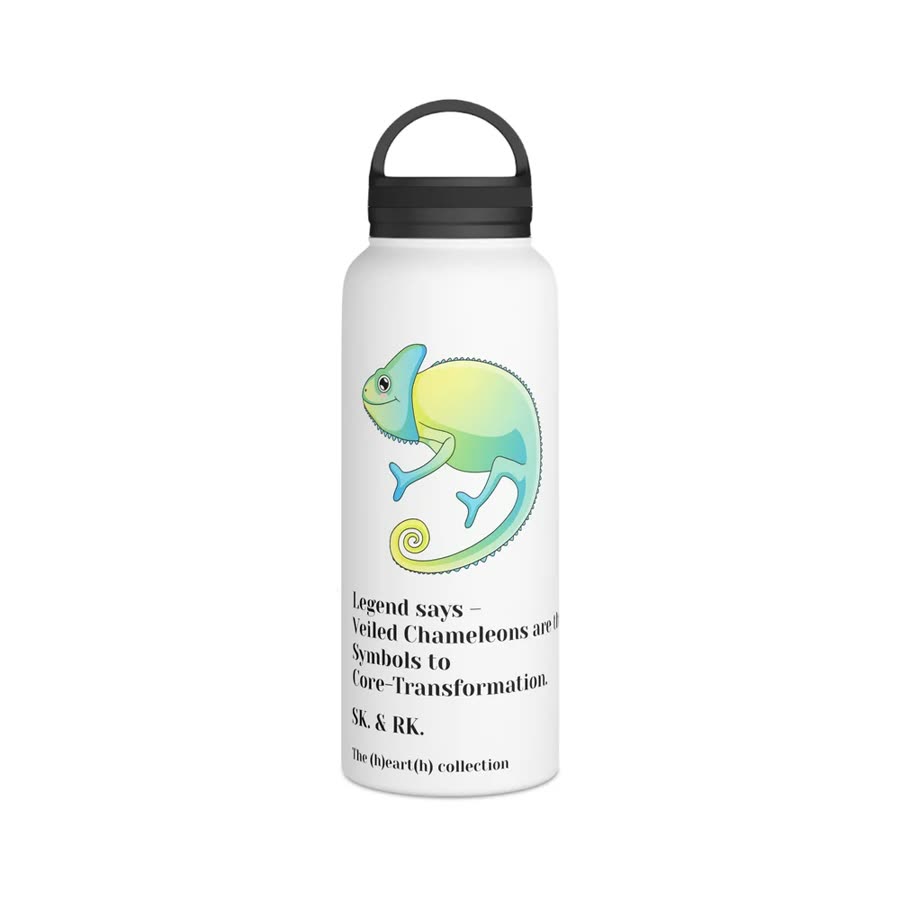 Water bottle printed with a rainbow veiled chameleon.