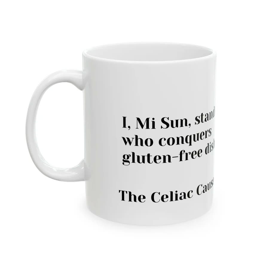 White ceramic mug from The Celiac Cause.