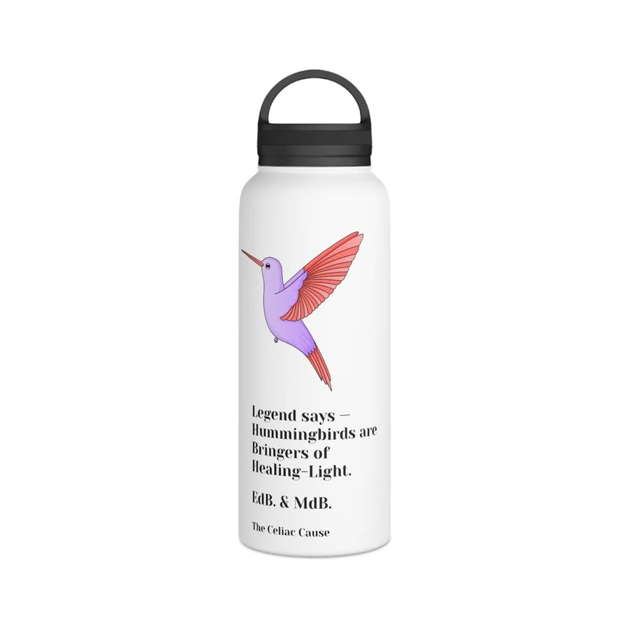 Water bottle printed with a violet hummingbird.